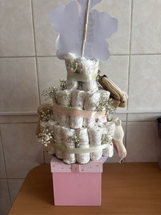 Cadou personalizat Diaper cake pentru gender reveal, botez sau taieri de mot