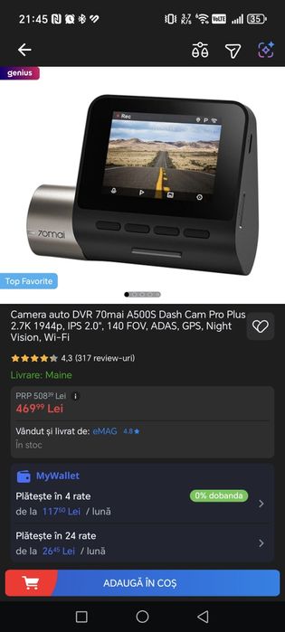 Camera auto DVR 70mai A500S Dash Cam Pro Plus 2.7K 1944p