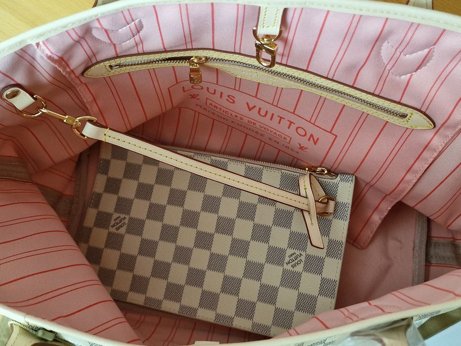 Geanta piele naturala 100%,model Neverfull,portofel simplu atasat, certificat,card,saculet