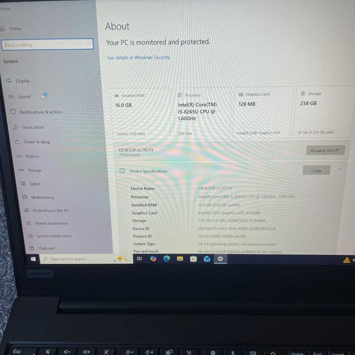15.6''FHD Lenovo ThinkPad E590 16GB RAM, i5-8265u, 256GB NVMe SSD PCIe