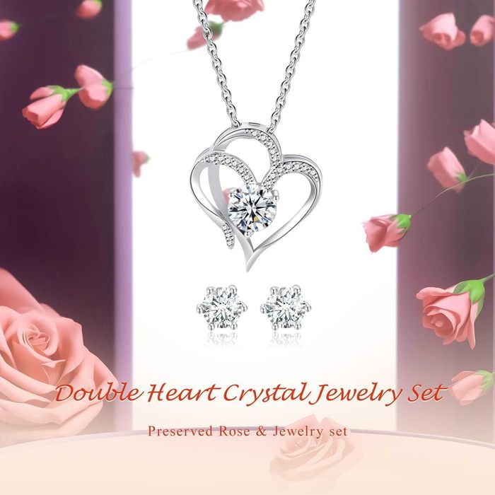 Сребърен комплект колие и обици с камъни Луксозна кутийка с рози