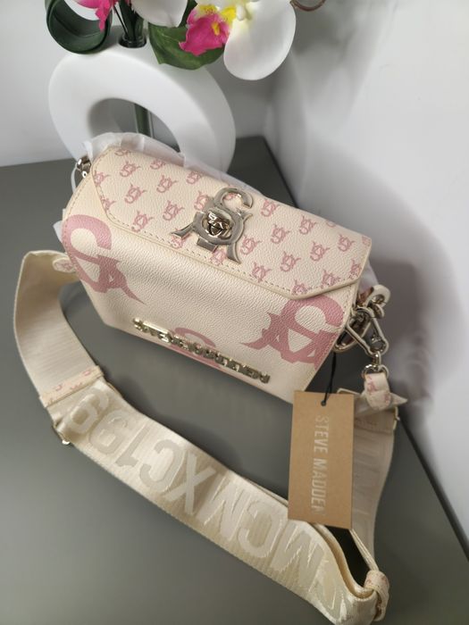 Оригинална дамска чанта Steve Madden - Крем с розов монограм