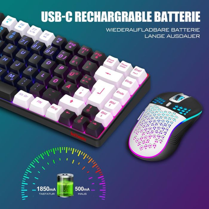 RedThunder Tastatură și Mouse Gaming Wireless TKL – Negru și Alb