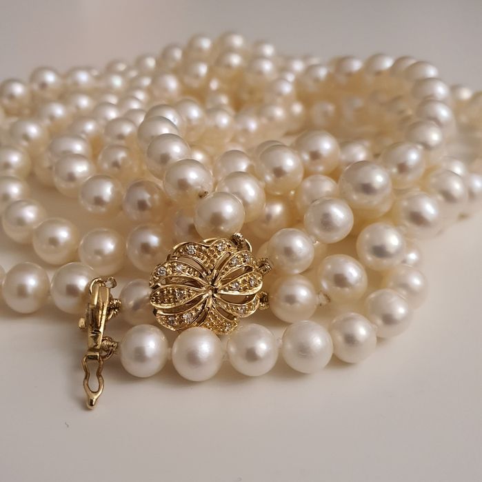 colier triplu perle naturale inchizatoare aur 14k cu diamante naturale