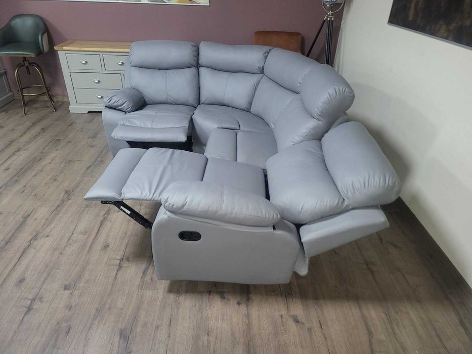 Сив кожен ъглов диван с релаксиращ механизъм от изкуствена кожа