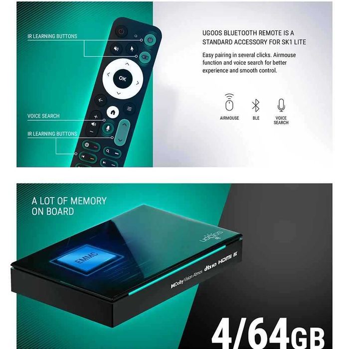 Тв Бокс UGOOS SK1 Lite 4G 64G, Amlogic S928X-K, Android 14.0, LPDDR4, поддръжка на Dolby Vision/Audio/ATMOS DTS HD, WiFi6 1000M
