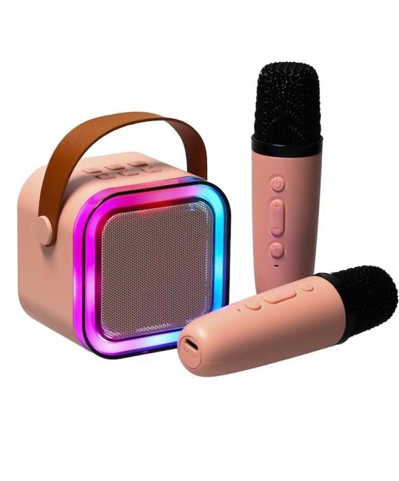 Караоке комплект с 2 микрофона и преносим високоговорител, розов,