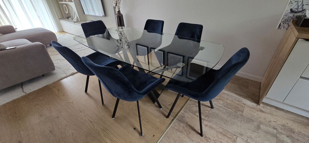 *Set dining – masă sticlă 200x100 cm + 6 scaune catifea bleumarin