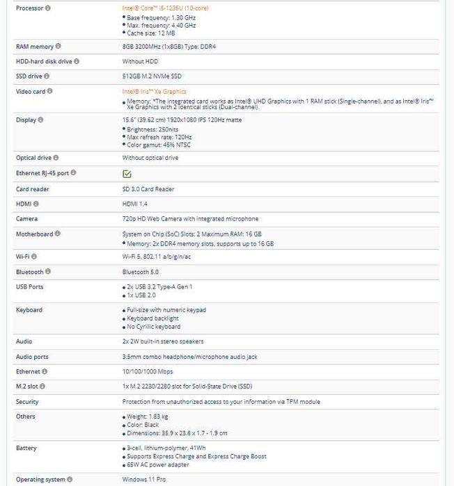 Dell Vostro Laptop 3520
12th Gen Intel(R) Core(TM) i5-1235U 1.30 GHz