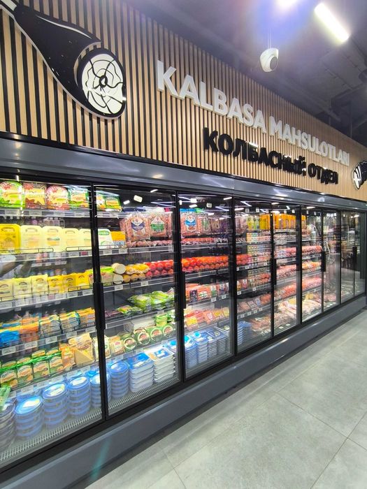 Супермаркет учун стеллаж, горка, витрина, холодильник, касса