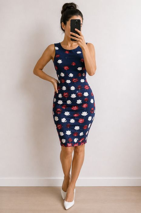 TU UK S M rochie tricot mulata florală albastră bodycon midi elastică casual office