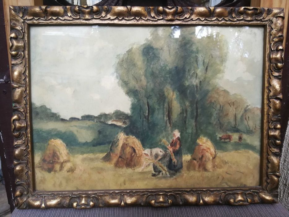 Tablou de Colecție Lili Pancu (1908-2006) – Peisaj Rural Interbelic, Rama Epocă