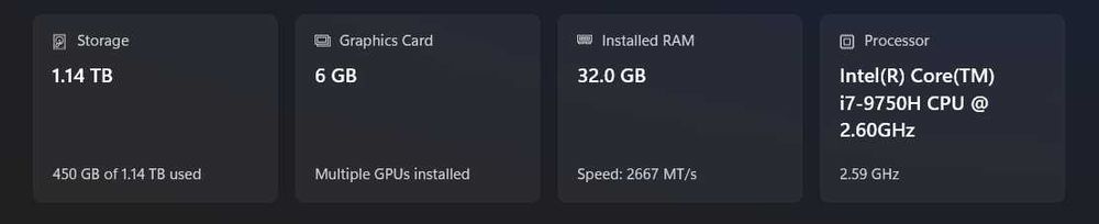 Laptop Dell G3 3590,  i7-9750H CPU, 32.0 GB RAM, Nvidia GTX 1660 6GB