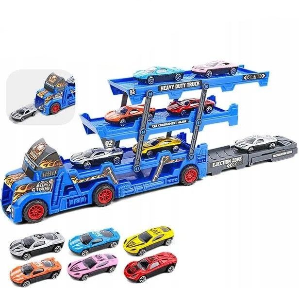 Автовоз с катапулт и 6 метални коли/син/червен/черен цвят