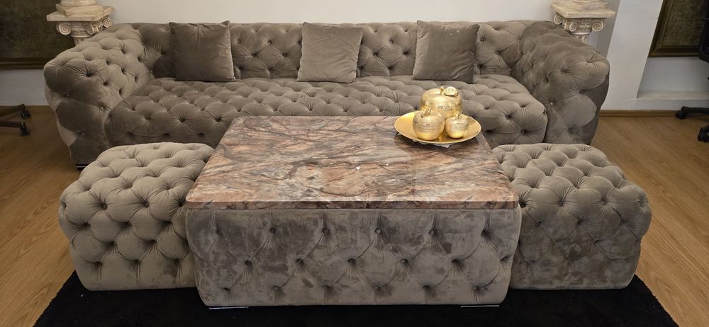 Canapea  Divani&Sofa catifea + 2 tabureti + masa blat marmura