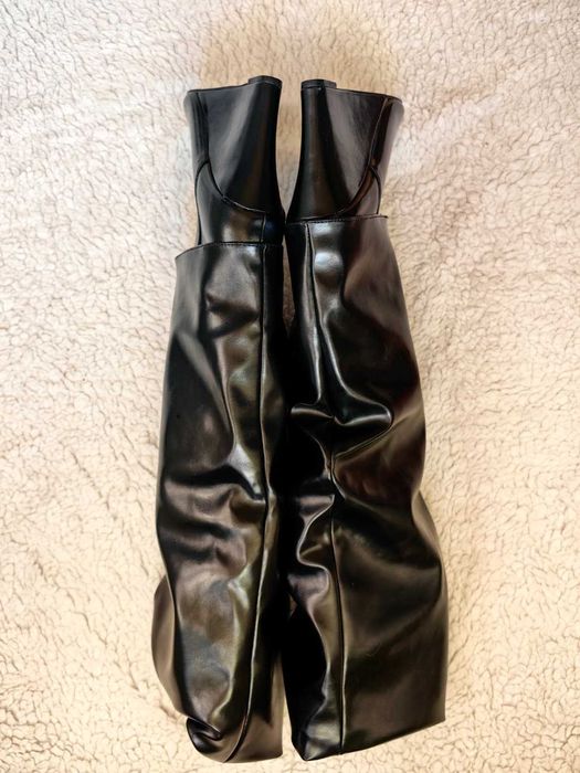 Cizme dublate inalte dama negre piele eco toc platforma peste genunchi