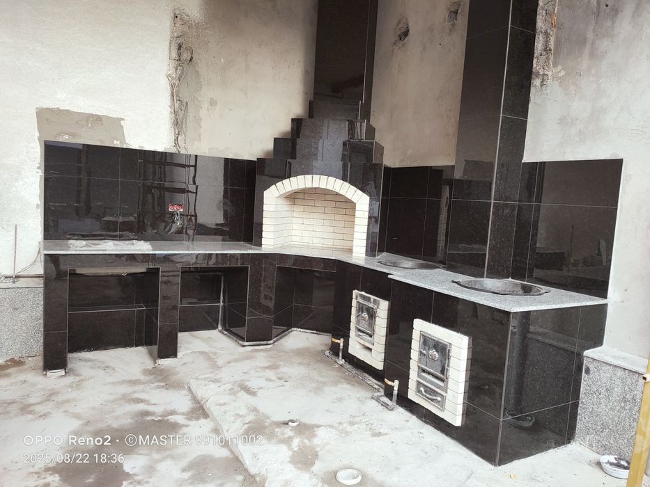 Летняя кухня барбекю цоколь гранит кафель брусчатка хизмати