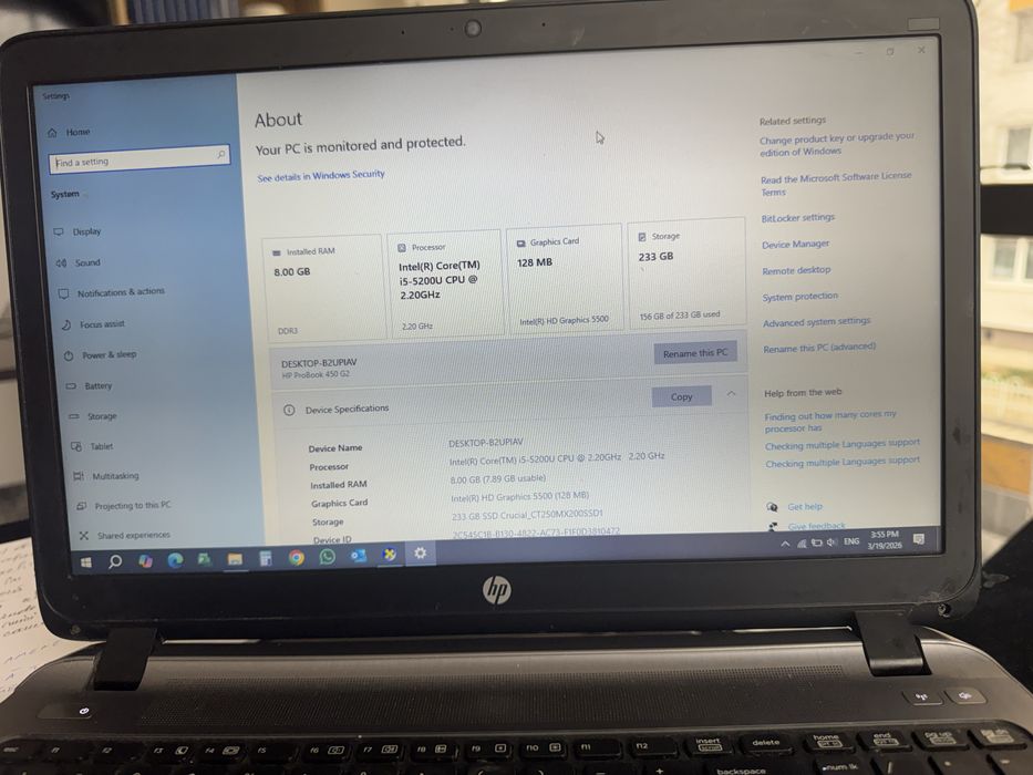 Laptop HP ProBook 450 G2,i5-5200U 2.20GHz,15.6" 8GB 256GB SSD HD5500