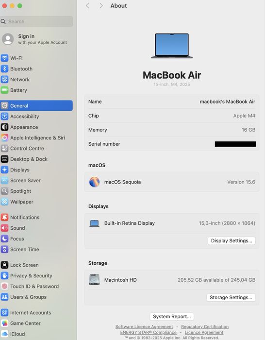 MacBook Air 15.3-inch/ Apple M4 / 16 GB RAM/ 256 GB / Ca nou