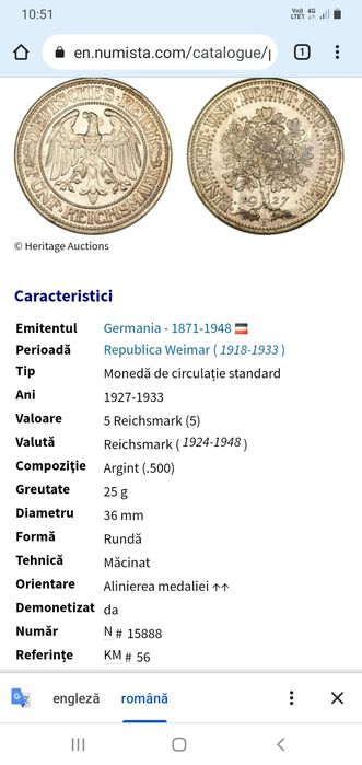 Vând / schimb moneda din argint 5 marci 1932