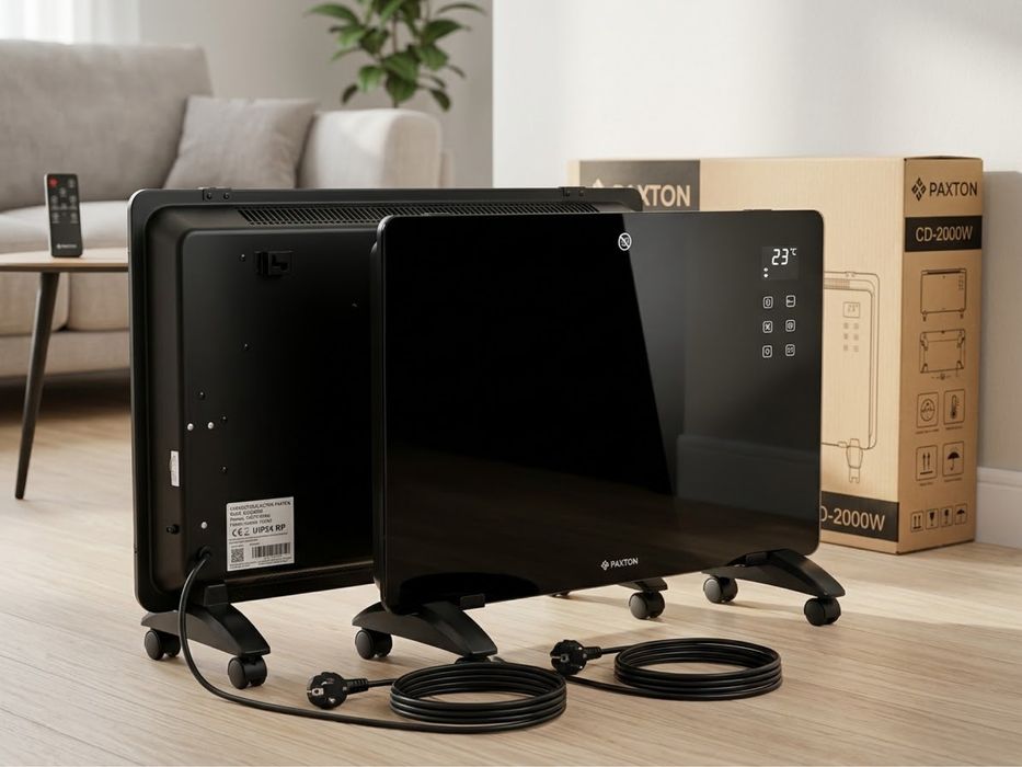 Convector electric Paxton CD-2000W, 2000 W, 2 trepte, Wi-Fi, termostat, telecomandă, afișaj LED, control touch, negru.