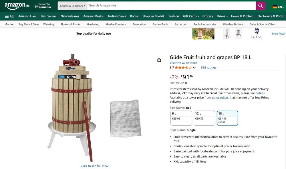 Presa manuala pentru fructe GÜDE OP 18 30005, 18 litri (GUDE30005)