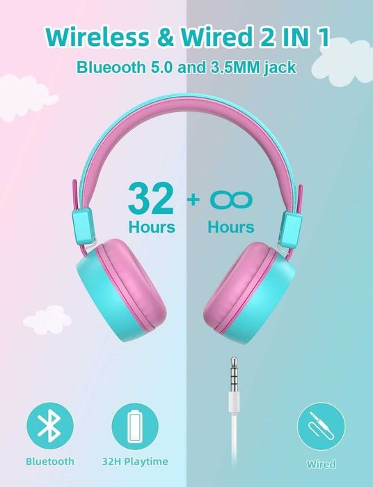 Детски Bluetooth слушалки RIYO с цветни LED светлини, ментово зелено