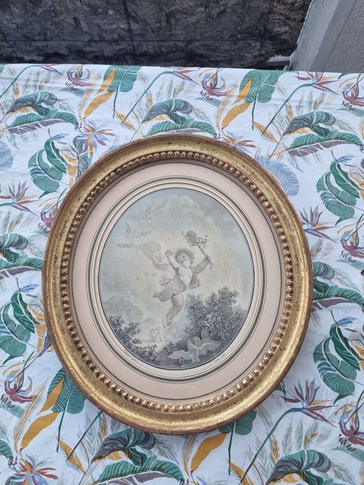 Tablou vintage rotund – gravură după Fragonard, ramă aurie eleg