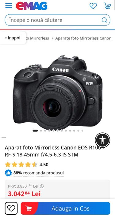 Aparat foto Mirrorless Canon EOS R100 + RF-S 18-45mm f/4.5-6.3 IS STM