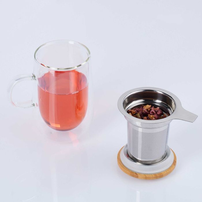 Cana din Sticla cu Infuzor si Capac din Bambus 430 ml cu Perete Dublu