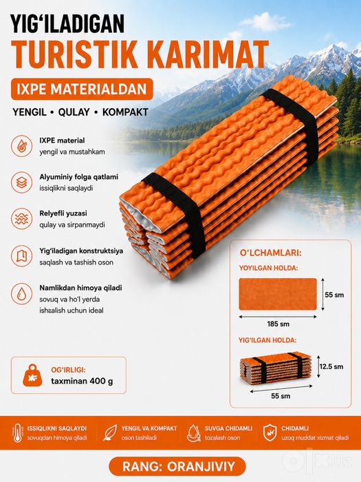 Yig‘iladigan turist karimati IXPE 185×55 sm | Kemping va piknik uchun