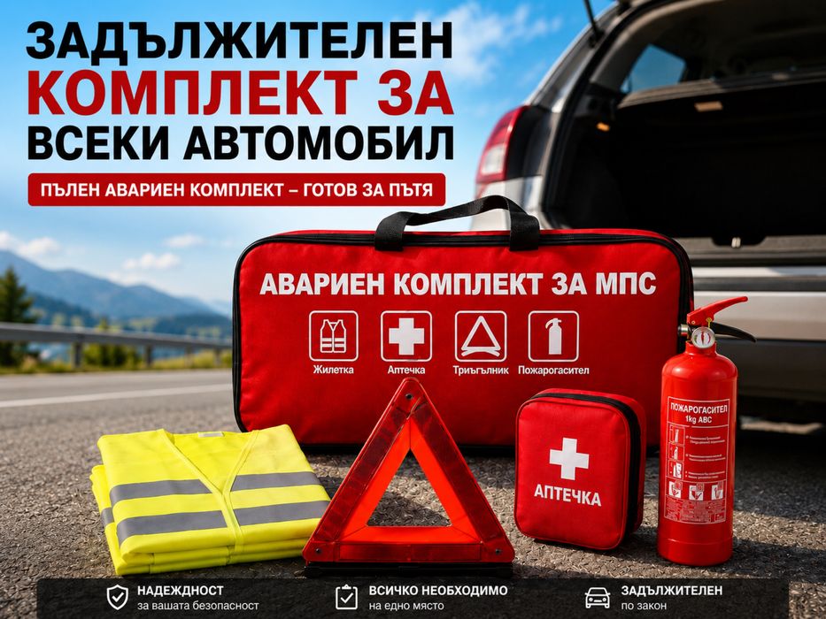 Авариен комплект за МПС – ! ПЪЛЕН КОМПЛЕКТ ! с аптечка, триъгълник,жилетка и пожарогасител