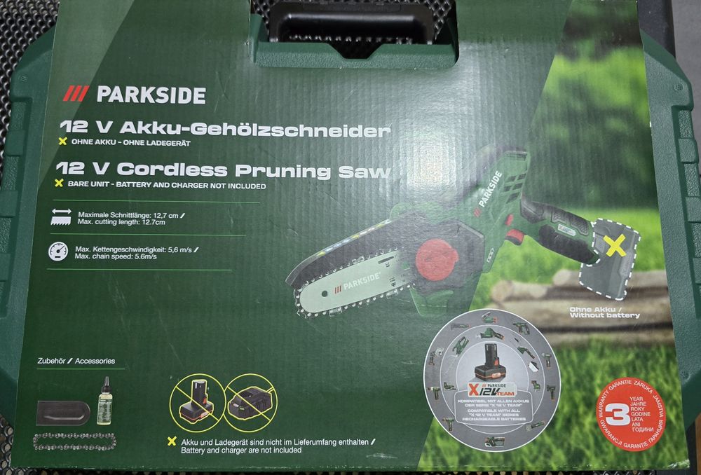 Trimmer / ferastrau / mini drujba + LANȚ SUPLIMENTAR REZERVĂ pe acumulator 12V Parkside NOU, SIGILAT cu BON FISCAL și GARANȚIE 3 ANI