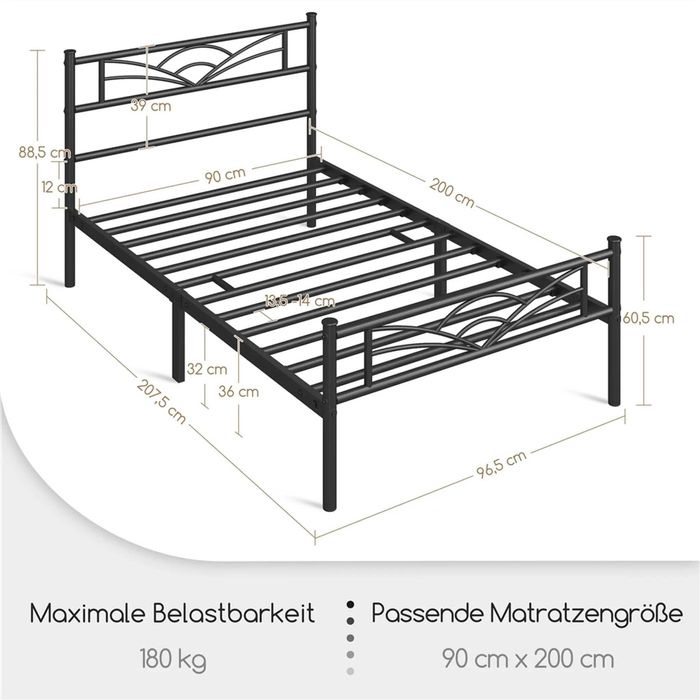 Cadru pat 90x200cm metalic modern rezistent  |S 615145 Black 90x200cm