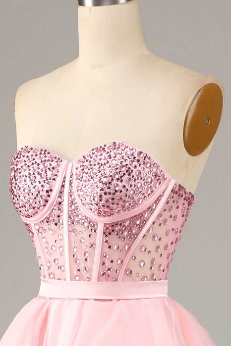 Абитуриенска рокля Бледо Розаво Корсет Камъни Пола Органза Воали Бална