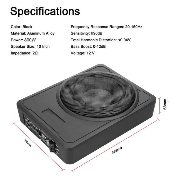 Компактен 10” автомобилен 800W(peak) активен субуфер