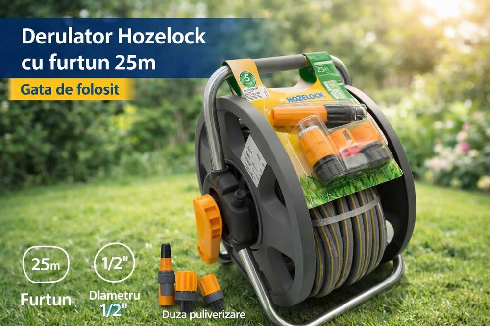 Derulator Hozelock cu Furtun 25m Gata de Folosit