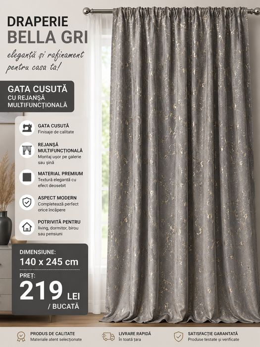 Draperii nou diverse dimensiuni si culori , gata cusute  cu rejeansa multifunctionale preturi incepand de la  169 lei