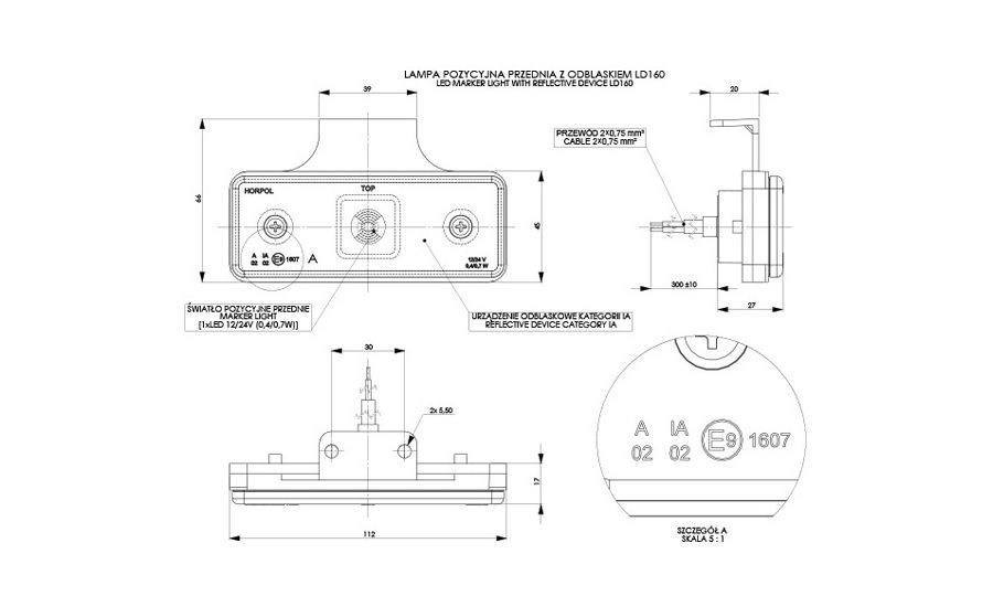 Lampa gabarit Universala, 12/24V, 117x47x9mm, alb, omologare ECE, cu LED, Stanga, Dreapta, 1 bucata