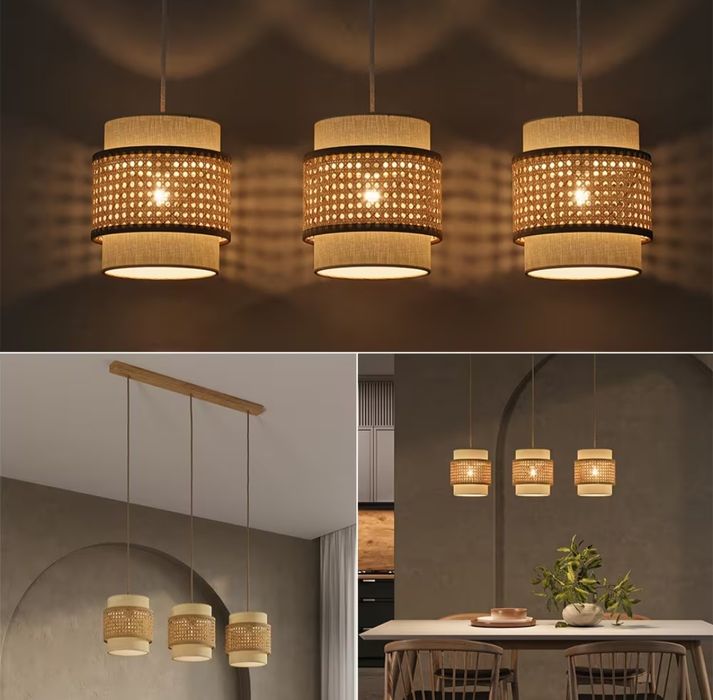 Висящи 3бр лампи от ратан и текстил 7563
