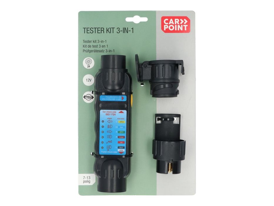 Tester cu led Carpoint pentru lumini remorca 12V, cu 7 pini fisa si priza, include 2 adaptoare pentru conexiuni de 13 pini