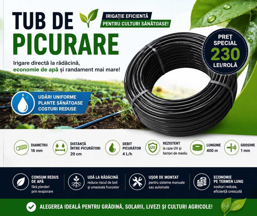 Tub de picurare 20cm distanta, 16 mm, 400 m, 4 L h,  Irigații grădină și agricultură