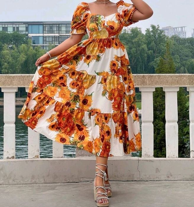 Rochie unicata lunga cu model floarea soarelui