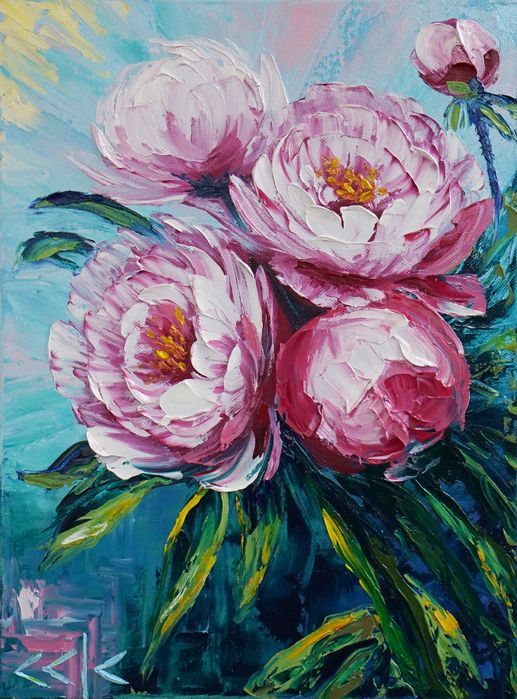 "Божури" Картина 40х30см, Маслена живопис с шпакла