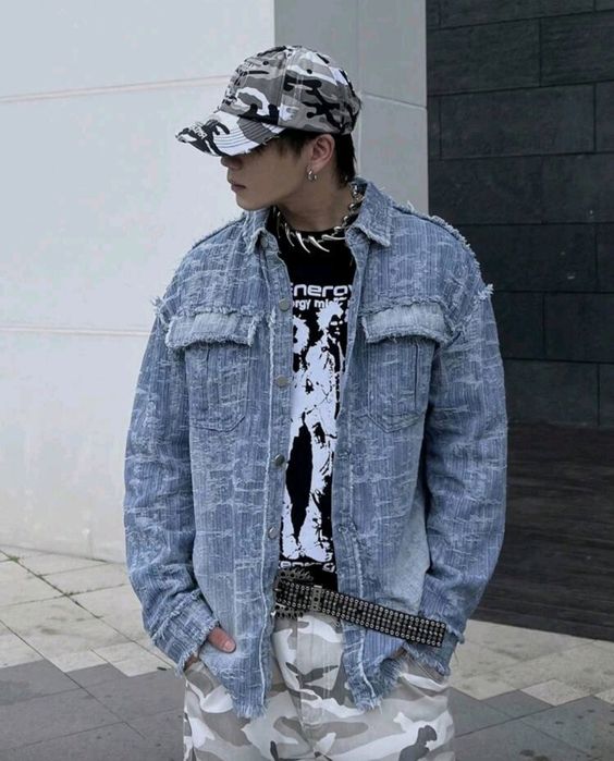 Ново мъжко карго дънково яке риза Street Style изтъркано  деним памук