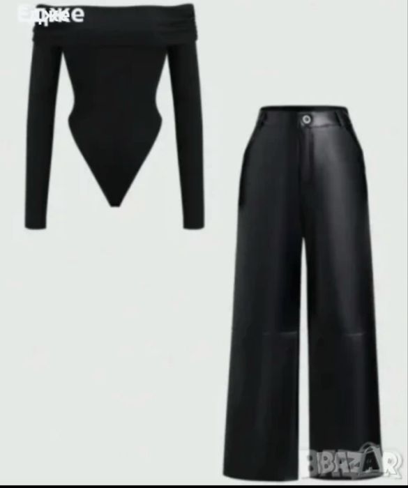 Продавам черен комплект блуза+кожен панталон