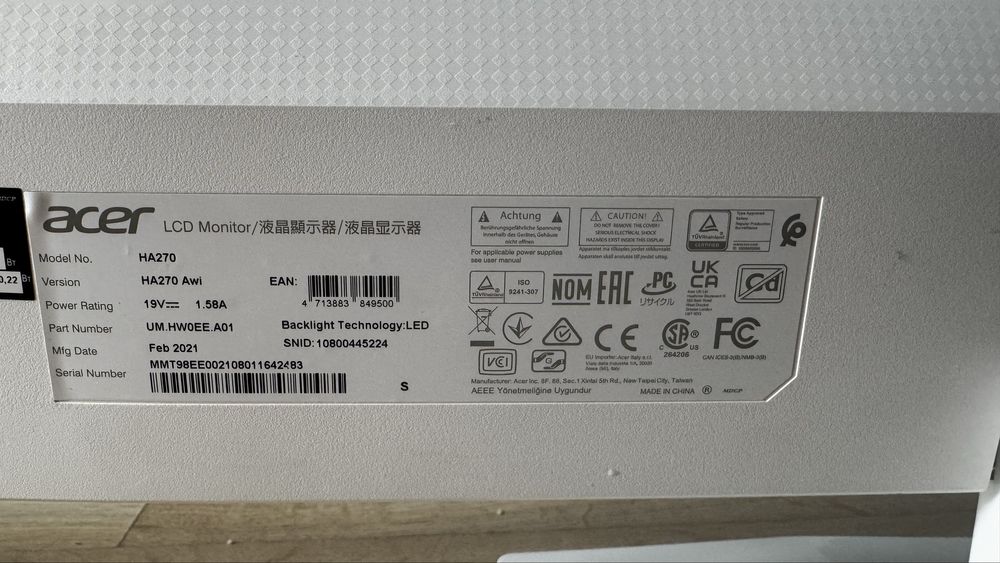 Монитор Acer HA270 27" 1920x1080, FHD, 75 Hz