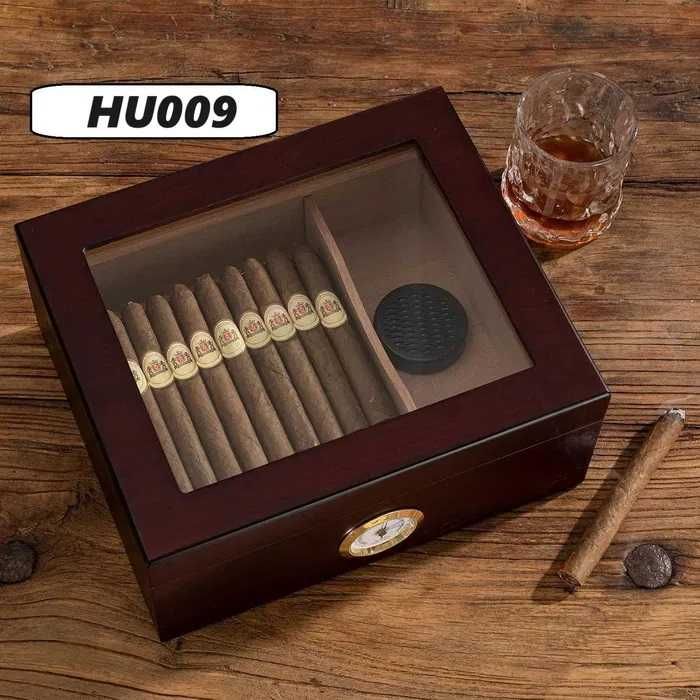 Хумидор с влагомер кедрово дърво кутия за пури и пурети тъмно кафяв