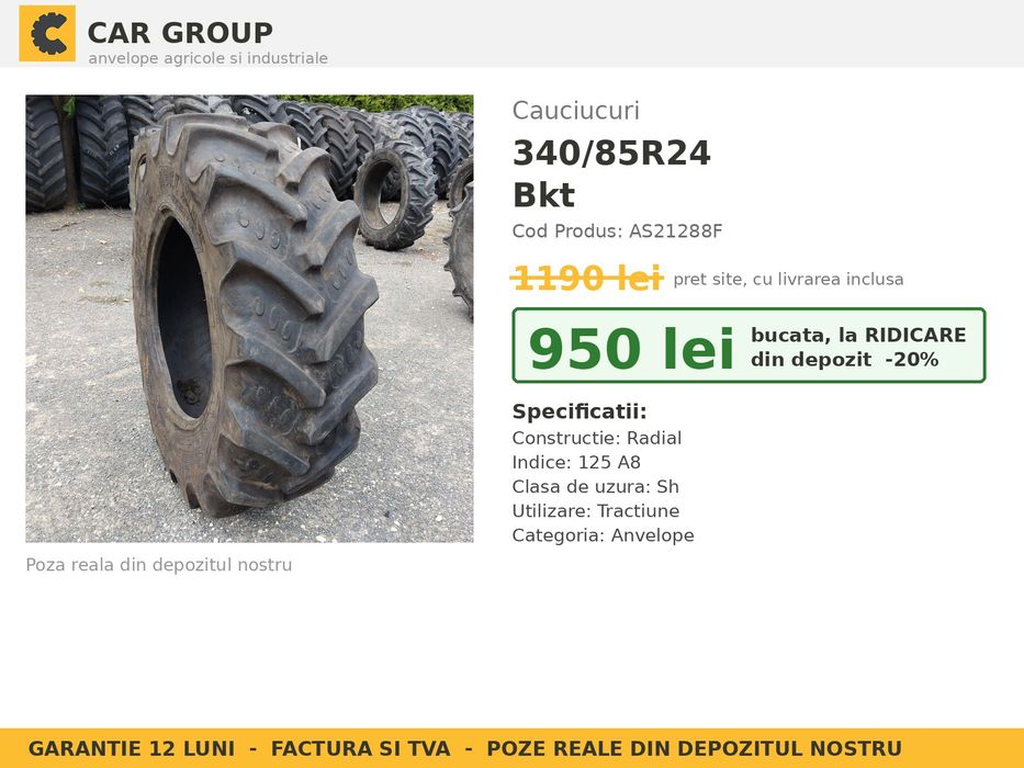 Anvelope Cauciucuri 340/85R24 340/85 R24 340/85-24 13.6R24 3408524 Bkt Tractor Punte Spate Utilaje Agricole SH Second Hand GARANTIE Garantie 1 An