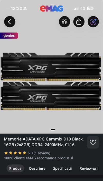 Memorie ADATA XPG Gammix D10 Black, 16GB (2x8GB) DDR4, 2400MHz, CL16